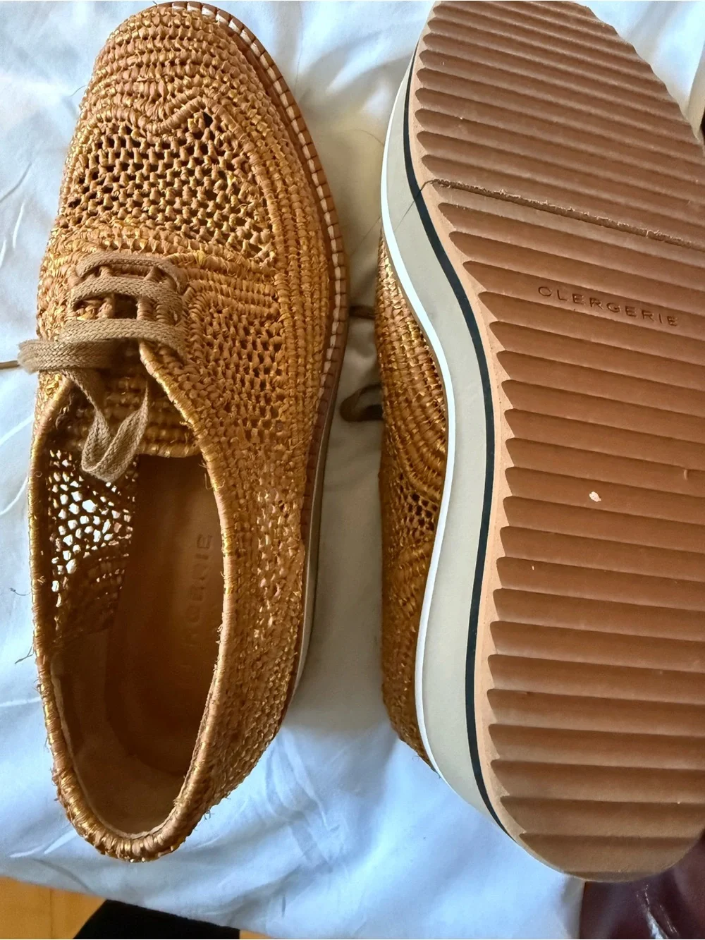 Robert Clergerie Woven Crochet Lace-Up Flats in Tan